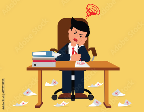 Tax season stress. Businessman overwhelmed and stressed during tax season with paperwork