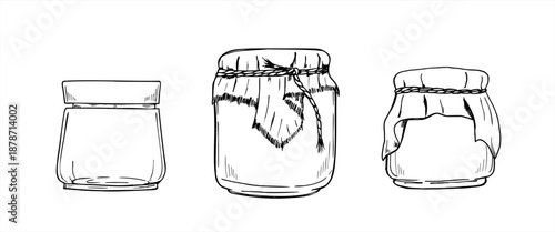 Glass jars with jam, honey or preserves clip art outline vector isolated illustration. Etching drawing of healthy conservation. Hand drawn natural products in glass covered with craft textile