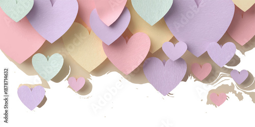 Colorful paper hearts floating in air, love message