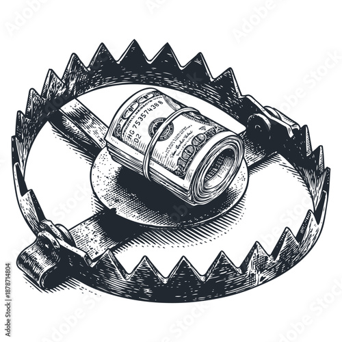 Vector illustration of a bear trap baited with a roll of money. A financial risk and greed concept drawn in a detailed, vintage engraving style.