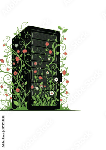 Sustainable Data Center Silhouette, Eco Friendly Green Technology Server Rack with Plants, Environmental Cloud Computing Concept Vector Illustration