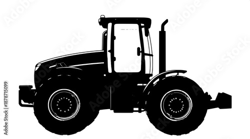 Side view of a heavy-duty farm tractor illustration in a technical style, featuring solid black shapes with clean lines and high contrast, created in vector art with precise details, showcasing the ve