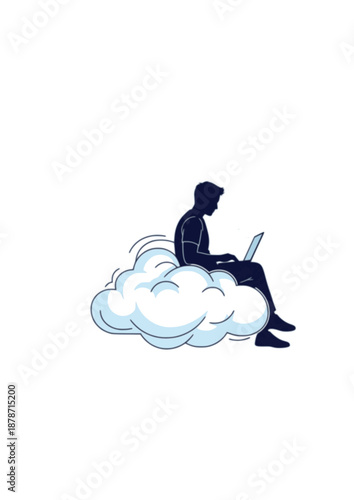 Cloud Computing Digital Nomad Silhouette, Person Working on Laptop Sitting on Cloud, Remote Work and Virtual Office Lifestyle Vector Design