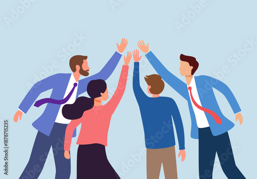 Team of business people celebrate success in work collaboration together, giving high five with joy. Unity and support between colleagues concept.