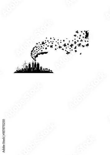 Urban Rewilding Concept Silhouette, City Skyline Smoke Transforming into Bees, Biodiversity and Sustainable Architecture Vector Graphic