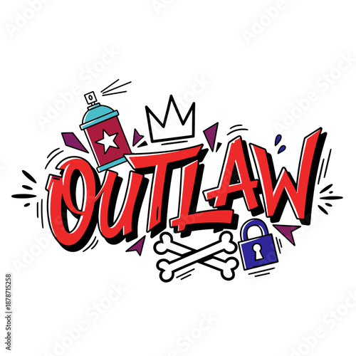 Outlaw graffiti style lettering with spray can and crown.