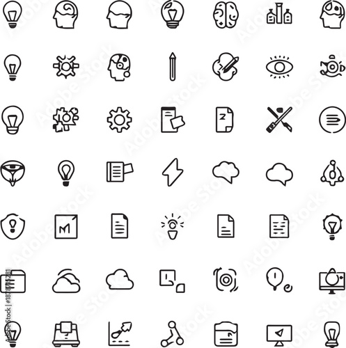 Creativity icon set. Containing idea, innovation, inventive, brainstorming, inspiration, originality, imagination, improvisation, creative, design 
