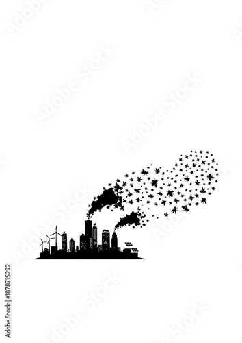 Urban Rewilding Concept Silhouette, City Skyline Smoke Transforming into Bees, Biodiversity and Sustainable Architecture Vector Graphic