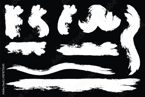 Straight line vector brush strokes. Black hand drawn stripes, smears. Paint roller line brushstrokes set. Rough grunge linocut stamp thick paint line textures. 