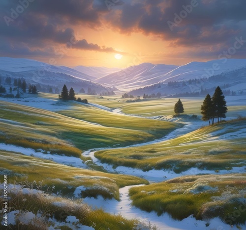 Wallpaper Mural Winter landscape transitioning into spring meadow in heart shape, snow blending into green grass and flowers Torontodigital.ca