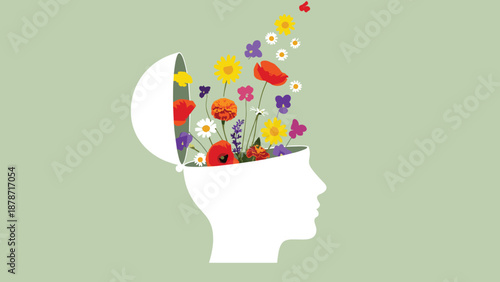 Human Profile Silhouette with Colorful Flowers Growing from Open Head, Concept of Mental Health, Creativity, Mindfulness and Positive Thinking, cad drawing flat vector illustration