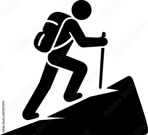 Black hiking backpacker pictogram icon showing mountain trekking with walking stick for outdoor travel adventure signage