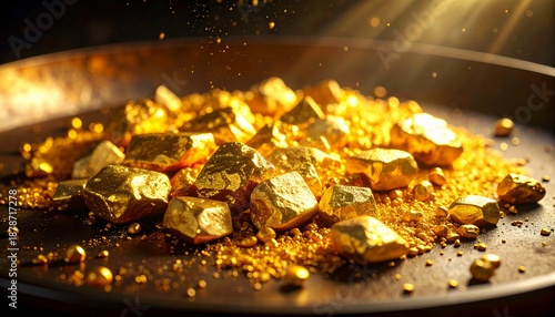 Pile of raw gold nuggets and shiny grains on a dark surface