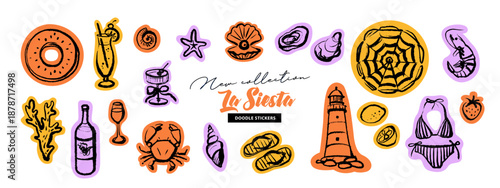 Hand drawn sketch tropical sticker set. Dolce vita summer vibe. Vintage summer Italy Mediterranean coastal vacation collection. Vector isolated illustration