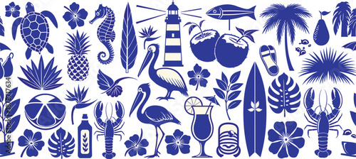 Seamless Blue Mediterranean Pattern with Tropical Beach Icons Including Lighthouse Pelicans Sea Turtle Lobster Pineapple and Palm Trees, cad drawing flat vector illustration