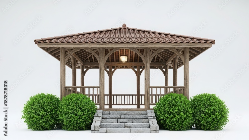 Fototapeta premium Serene gazebo with stone steps and lush greenery