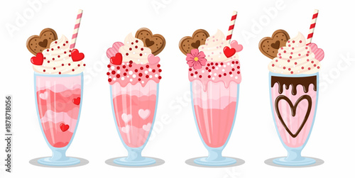 Romantic Valentine's Day Milkshake Set with Whipped Cream and Hearts
