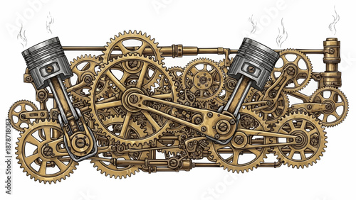 Detailed illustration of a vintage engine with exposed gears pistons and connecting rods showing mechanical complexity