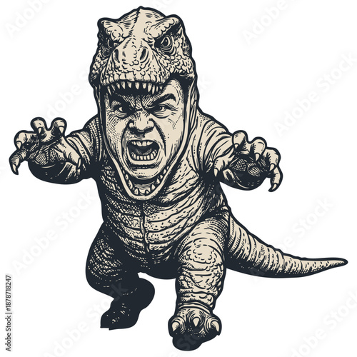 Vector illustration of an angry man in a T-Rex dinosaur costume. Funny character roaring in a vintage, hand-drawn, monochrome engraving style.