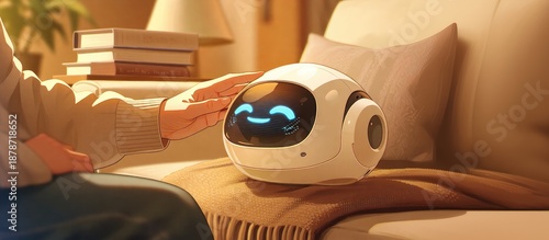 Person petting a cute home robot on a couch in a cozy living room, showing companionship, smart home technology, and friendly AI assistant concept