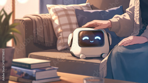 Person petting a cute home robot on a couch in a cozy living room, showing companionship, smart home technology, and friendly AI assistant concept