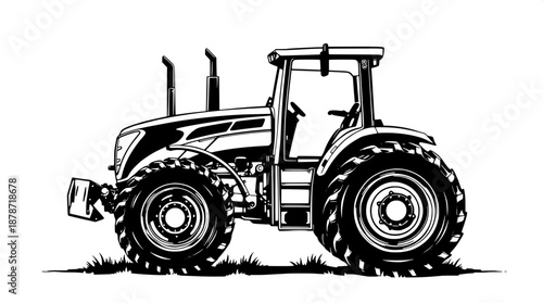 Professional vector tractor illustration in a monochrome ink style with a side view, showcasing agricultural machinery, featuring bold black shapes with clean lines, precise details, and a minimalist 