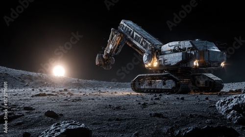 Autonomous excavator rover working on the moon surface under a bright sun, illustrating lunar construction, space mining, and futuristic robotics technology