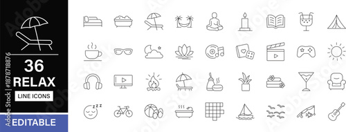 Relax editable line icons pack. Meditation, massage, spa, yoga, relaxation, peace, serenity, aromatherapy, relaxing, collection, calmness, hammock, sleep and more icons.