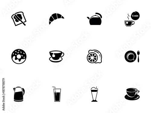 Collection of Solid Black Breakfast and Tea Time Symbols