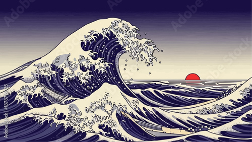 A dramatic depiction of a large wave curling over boats near a vibrant red setting sun