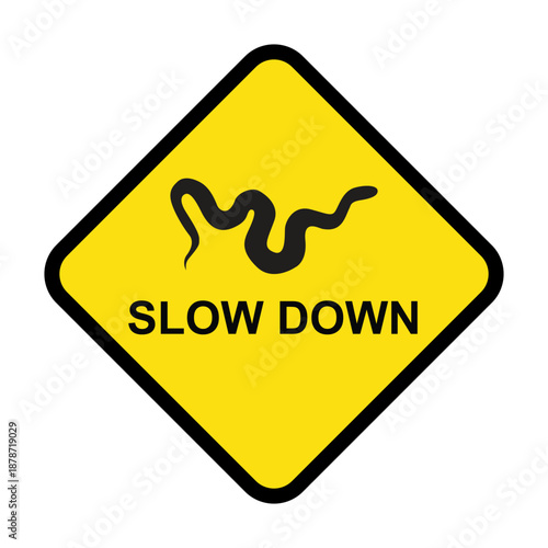 Warning symbol with silhouette of a snake and the text slow down