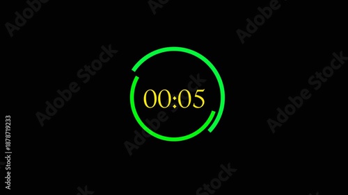 green Neon Circular 5 Seconds Countdown Timer Digital Clock Animation on Black Background.