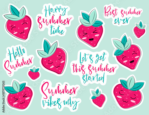 Vector set of Cartoon funny stickers with strawberry character and summer lettering quotes. Good for prints, children products, plotter.