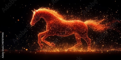 Red zodiac horse running through confetti coins, symbolizing prosperity, luck, and Lunar New Year celebration. © Anastasiya