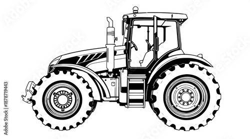 Black and white tractor line drawing in industrial design style with highly detailed tire treads and a clean vector illustration aesthetic, featuring bold lines and precise geometric shapes, with no b