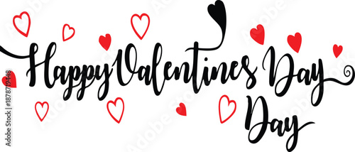 Happy Valentines Day handwritten text with red and outline hearts a festive design element for romantic celebrations and greeting cards