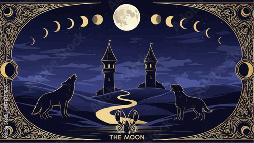 A mystical illustration depicts a full moon silhouetted castles and howling wolves under a dark night sky within an ornate