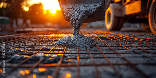 Concrete mixer truck pours cement at sunset Generative AI