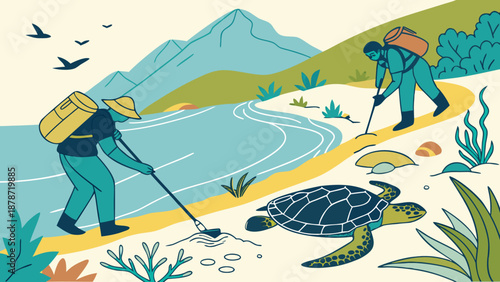 Conservationists protecting sea turtle habitat on serene beach by calm river and majestic mountains