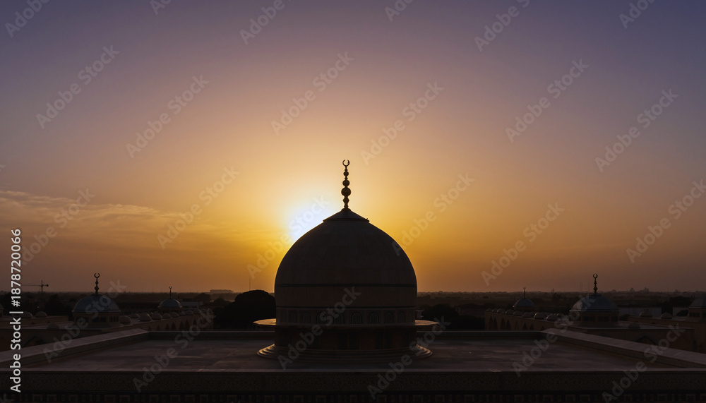 Naklejka premium Silhouette of a mosque dome against a vibrant sunset sky 1.
