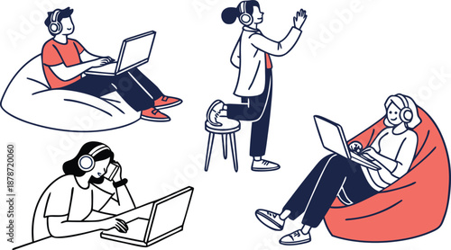 People working remotely in a modern and relaxed office environment with laptops