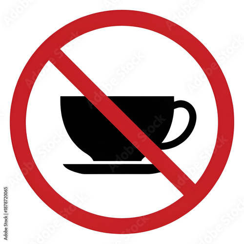 Black tea cup silhouette crossed with red prohibition symbol, no tea allowed.