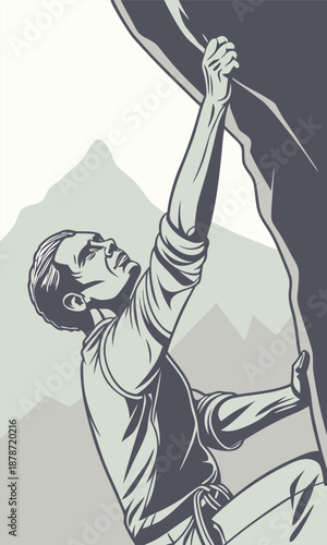 Man climbing mountain with determination and strength in rugged outdoor adventure