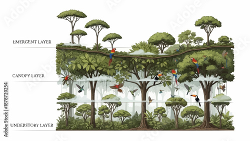 A detailed illustration depicts the different layers of a rainforest ecosystem showcasing vibrant birds and lush foliage