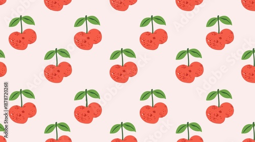  template featuring a seamless pattern of stylized heart-shaped cherries with vibrant green leaves on a soft pink background, created with a flat design