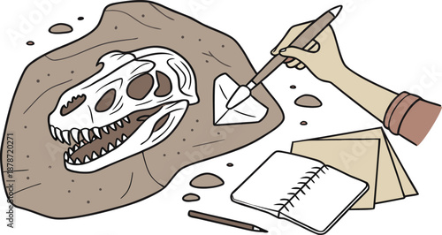 Paleontologist uncovering ancient dinosaur fossil with pencil and paper