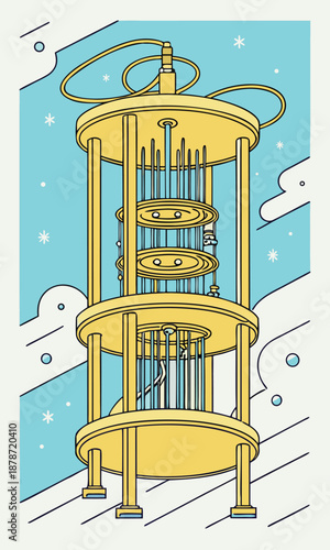 Vintage yellow musical instrument in snowy landscape with blue sky