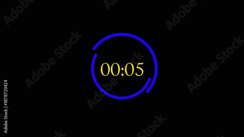 Blue Neon Circular 5 Seconds Countdown Timer Digital Clock Animation on Black Background.