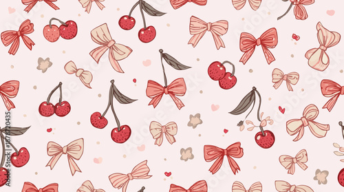 Vector template featuring coquette cherry and bow seamless pattern with cute ribbon and vintage girly aesthetic, pastel colors and soft textures