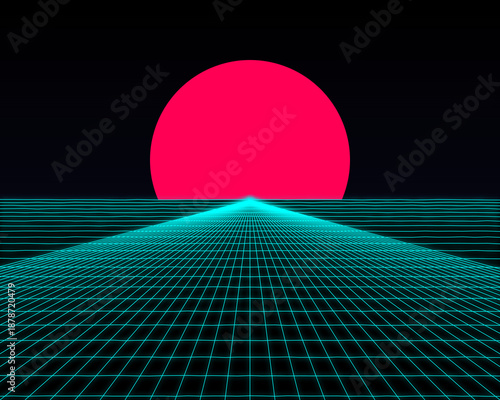 Synthwave Pink Sun, Retro 80s Background, Neon Grid Landscape, Sci-fi Horizon, Digital Art, Futuristic Wallpaper, Cyberpunk Backdrop
